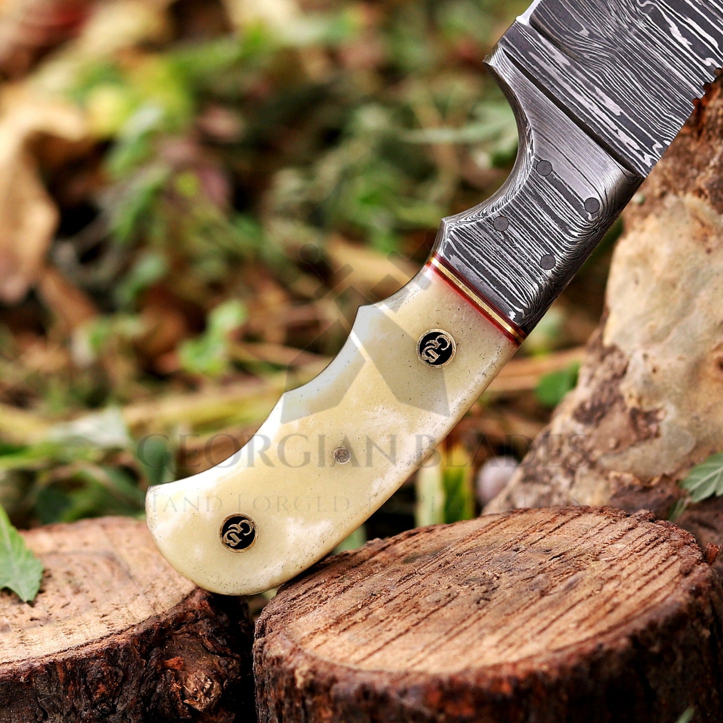 John Henry Slicer - 7.25” Hand Forged Damascus Steel Full Tang Skinner Knife - Camel Bone Handle