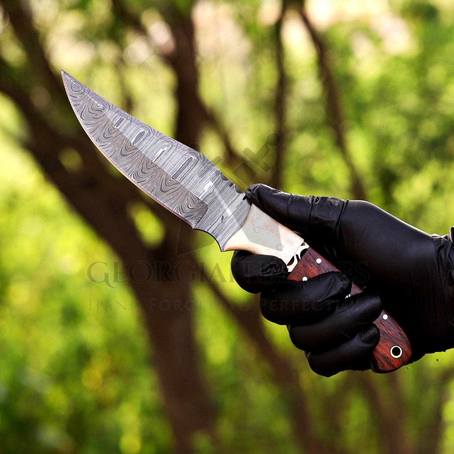 Johnny Appleseed Blade - 10” Custom Hand Forged Damascus Steel Full Tang Hunting Knife - Wood & Bone Handle