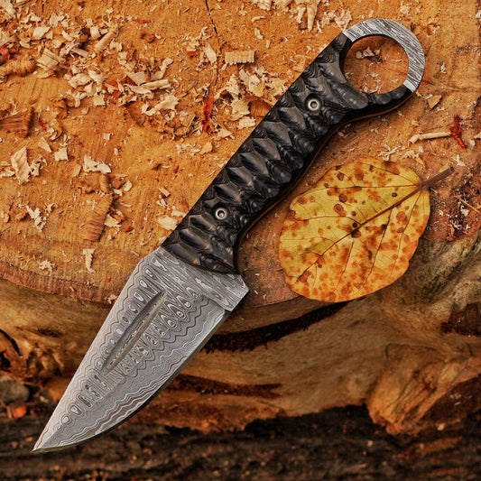 Ridgeback Skinner — 9" Hand-Forged Ladder Damascus Skinning Knife with Ring Pommel