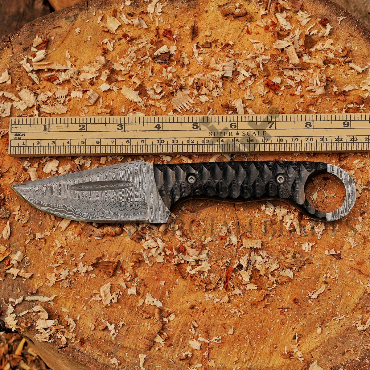 Ridgeback Skinner — 9" Hand-Forged Ladder Damascus Skinning Knife with Ring Pommel