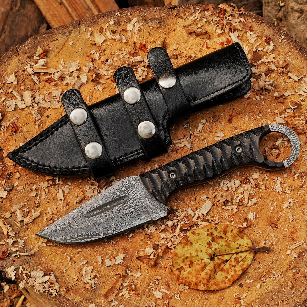 Ridgeback Skinner — 9" Hand-Forged Ladder Damascus Skinning Knife with Ring Pommel