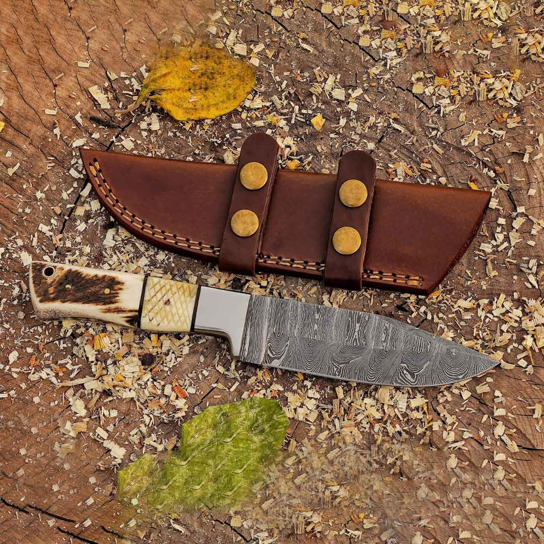 Pecos Pete Slicer: Forged Damascus Steel Skinner Knife EDC 9” -V3 With Stag Antler & Engraved Camel Bone Handle