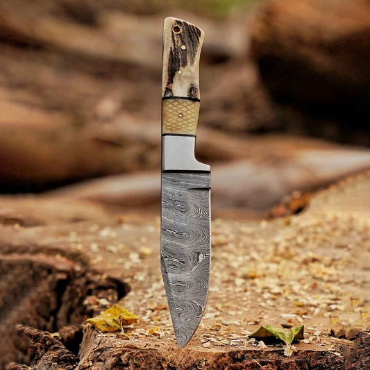 Pecos Pete Slicer: Forged Damascus Steel Skinner Knife EDC 9” -V3 With Stag Antler & Engraved Camel Bone Handle