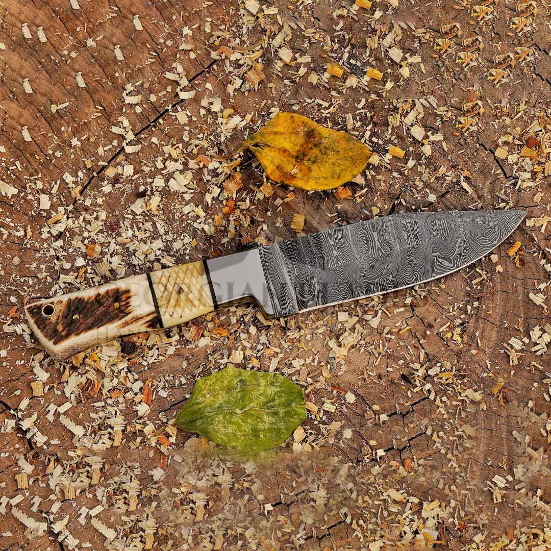 Pecos Pete Slicer: Forged Damascus Steel Skinner Knife EDC 9” -V3 With Stag Antler & Engraved Camel Bone Handle