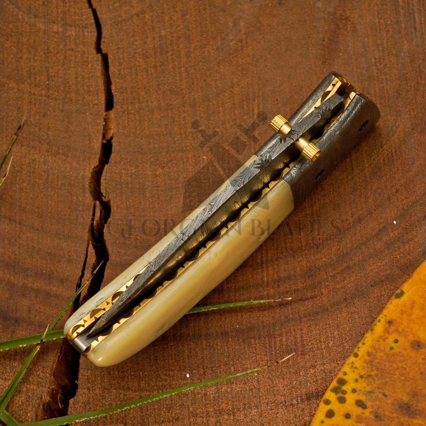 RadiantReach - 8" Hand Forged Damascus Steel Pocket Folding Knife with Leather Sheath