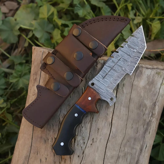 Explorer's Companion: 10” Damascus Steel Tracker Hunting Camping Knife With Resin & Wood Handle