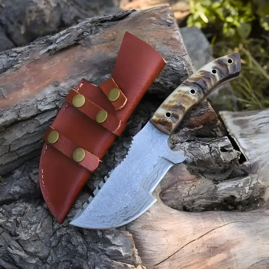 Wilderness Wayfinder: 10” Custom Hand Forged Damascus Steel Tracker Knife With Ram Horn Handle