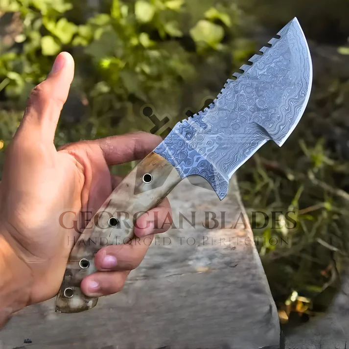 Wilderness Wayfinder: 10” Custom Hand Forged Damascus Steel Tracker Knife With Ram Horn Handle