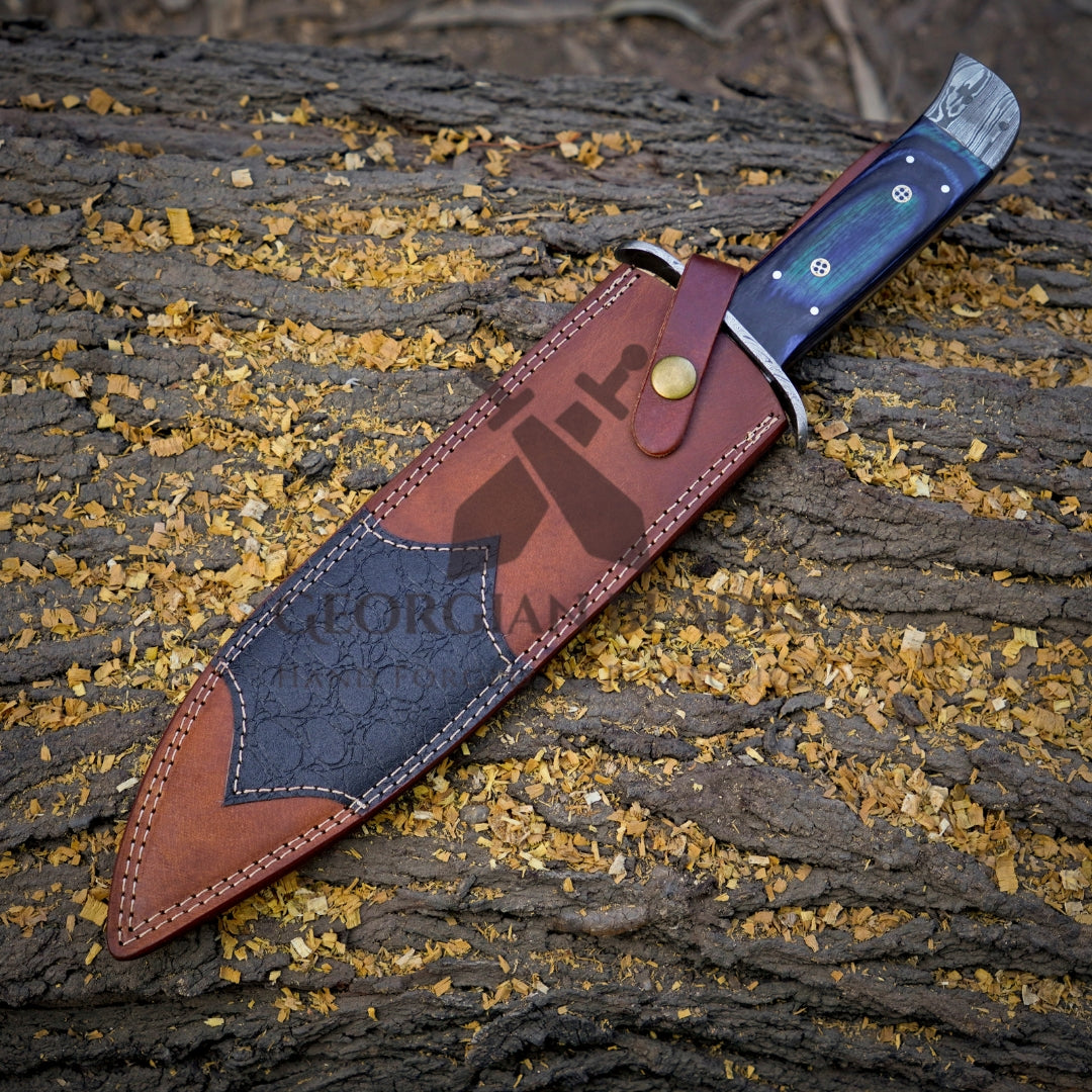 River Runner: 15" Handmade Damascus Steel Bowie Knife- Full Tang - Colored Wood Handle