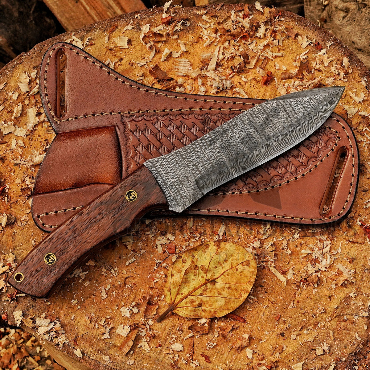Razorwind - 11" Full Tang Hand Forged Damascus Hunting Knives with Walnut Wood Handle