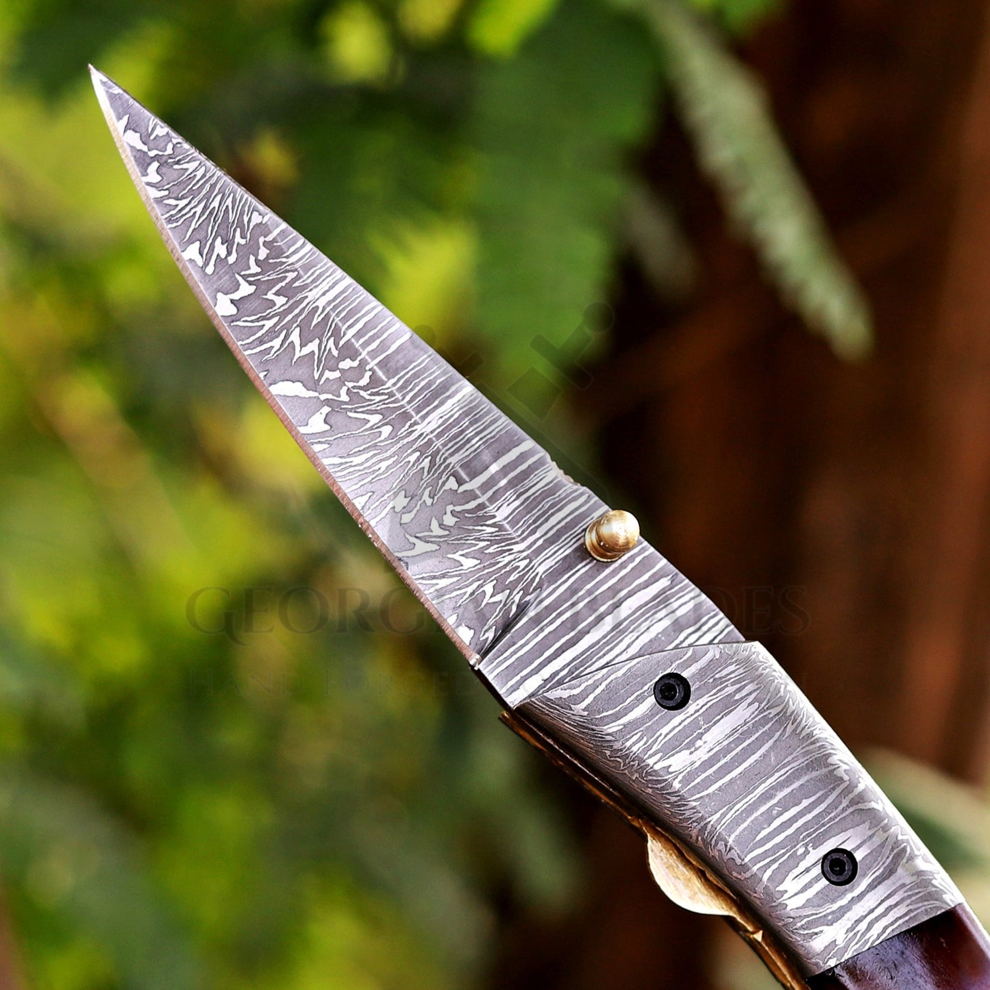 The Nimitz Folder – 7.5 inch Damascus Steel Liner Lock Pocket Knife with Bone Handle and Leather Sheath