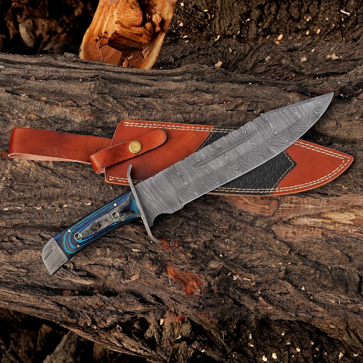 River Runner: 15" Handmade Damascus Steel Bowie Knife- Full Tang - Colored Wood Handle