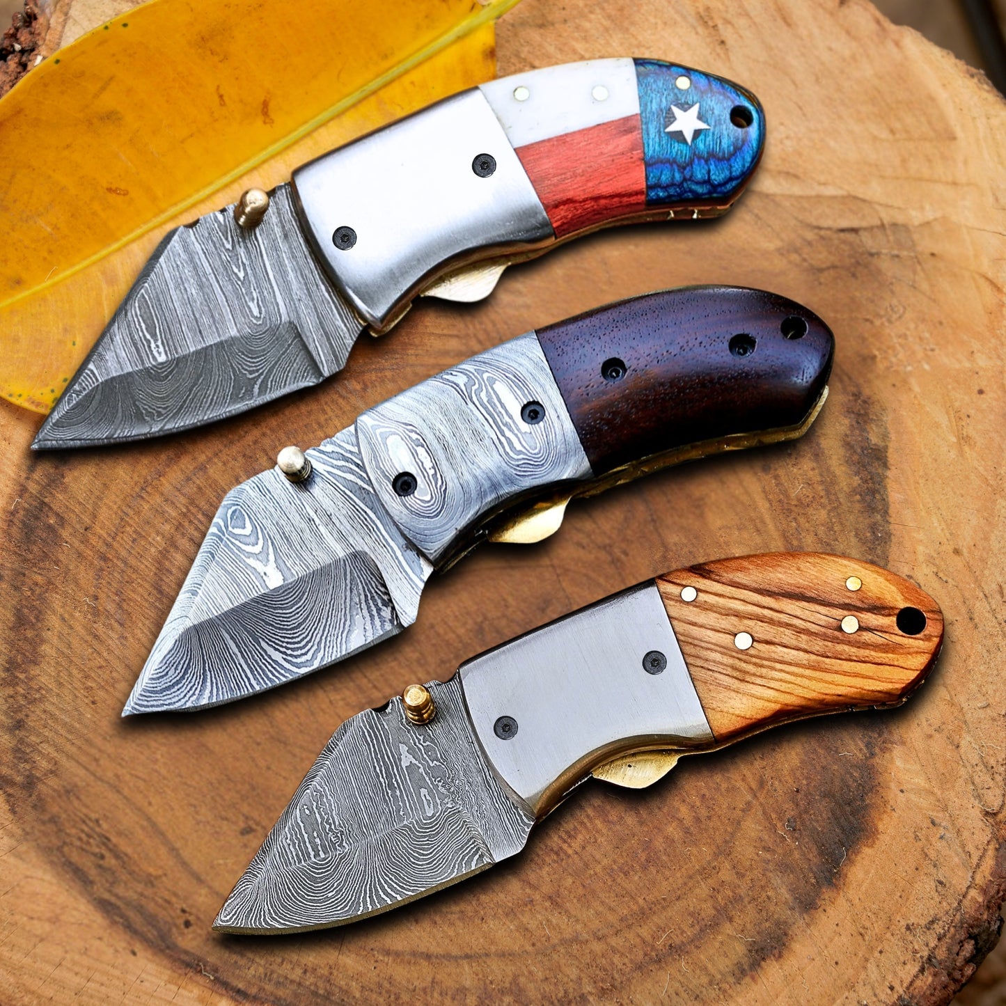 Pocket Titans Trio – Bundle of 3 Handmade Mini Knives with Leather Sheaths
