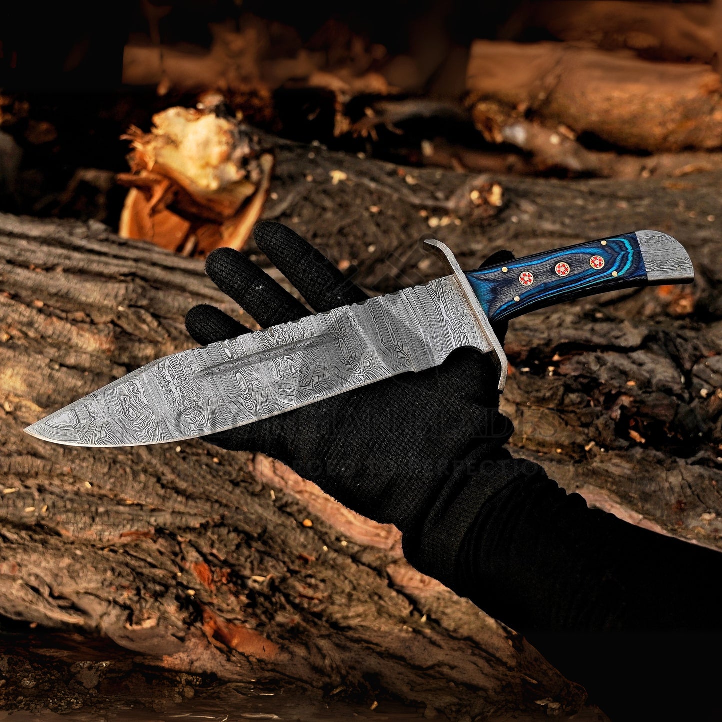 River Runner: 15" Handmade Damascus Steel Bowie Knife- Full Tang - Colored Wood Handle
