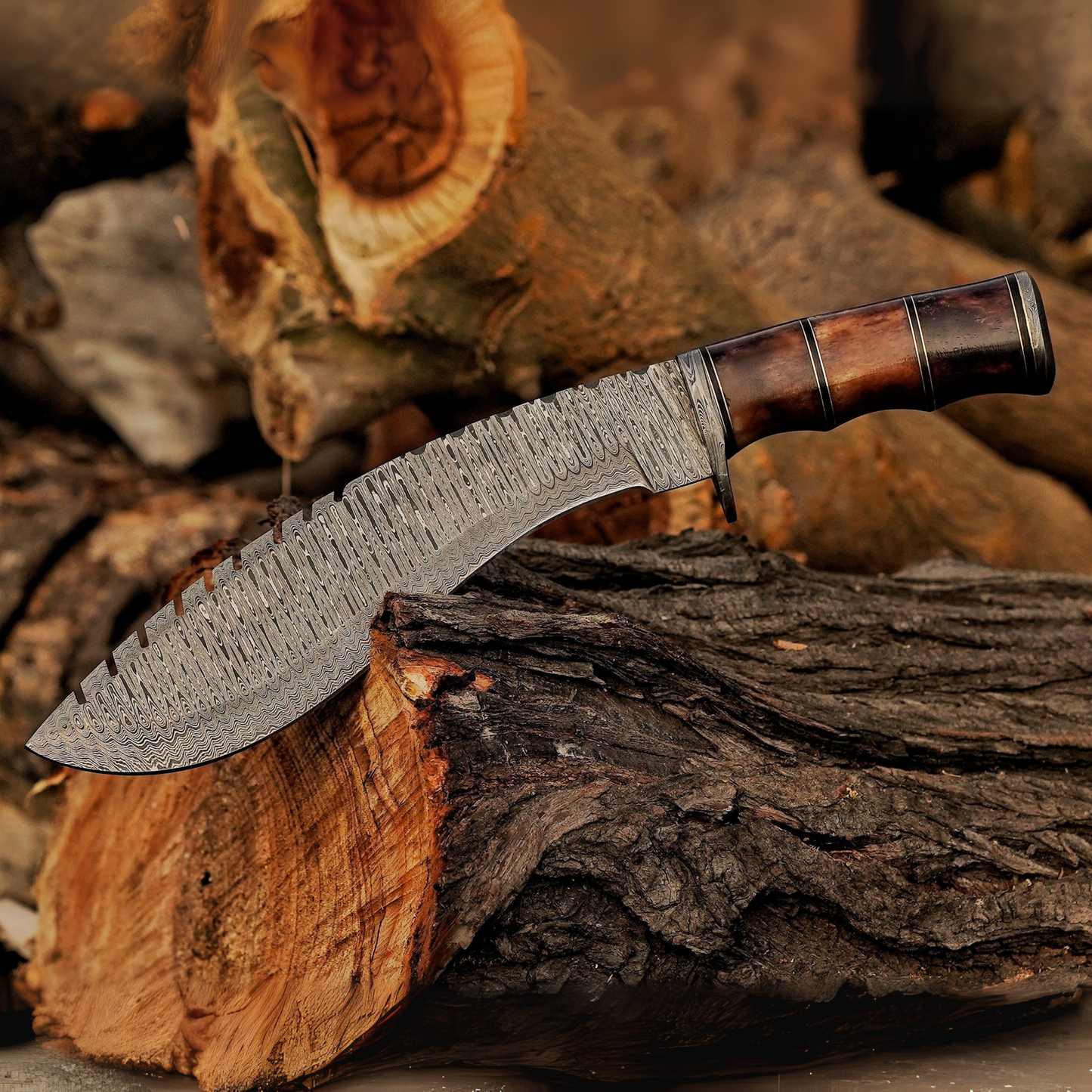 Emberwood Kukri – 15 inch Hand-Forged Damascus Masterpiece Kukri Knife with Leather Sheath