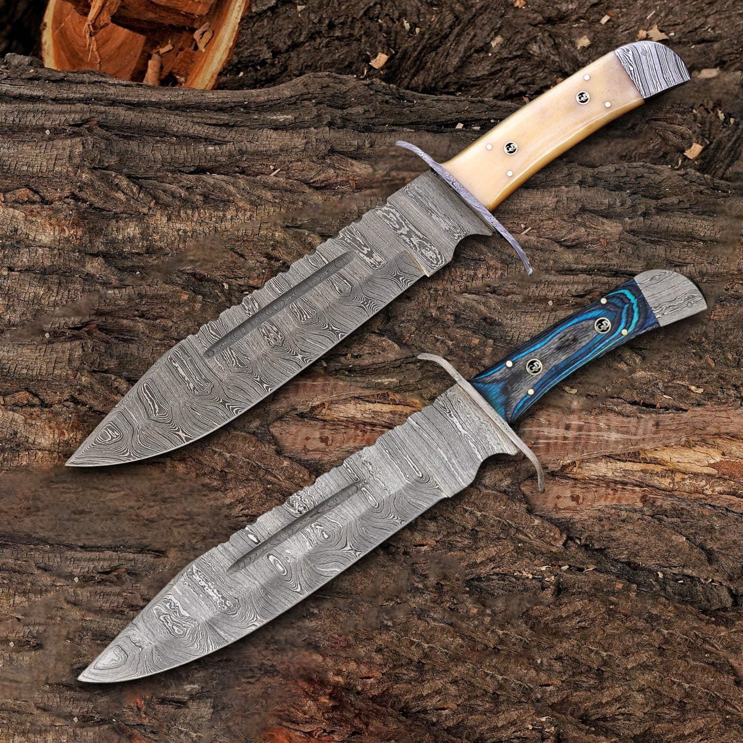The Bowie Titans Duo – 2 Handmade 15” Damascus Steel Knives with Leather Sheaths