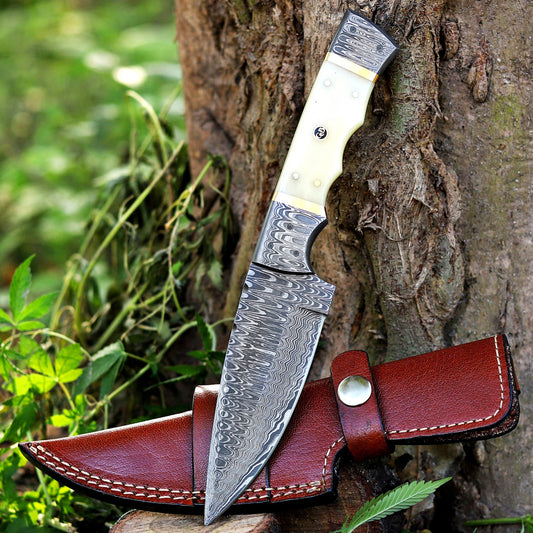 Br'er Rabbit Blade -  9” Hand Forged Damascus Steel Full Tang Skinner Knife - Camel Bone Handle