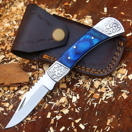 CelestialSnap - 7.5" Hand Forged Back Lock Focket Knife with Leather Sheath