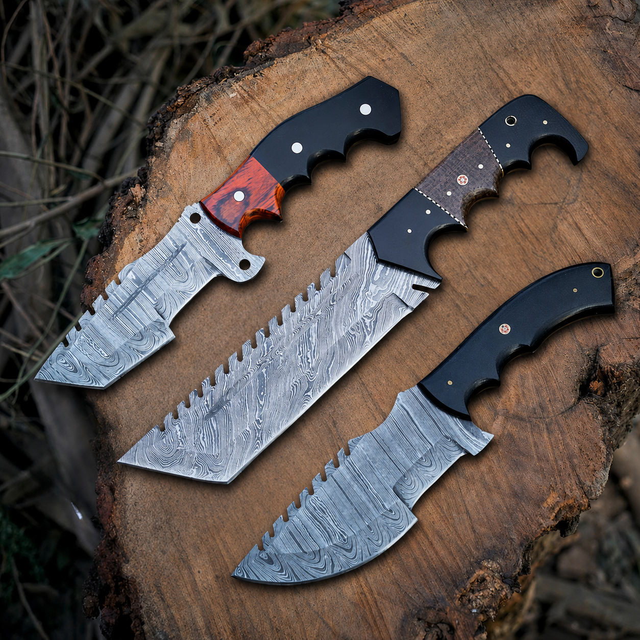 The Damascus Tracker Trio – Bundle of 3 Damascus Tracker Knives with Leather Sheaths