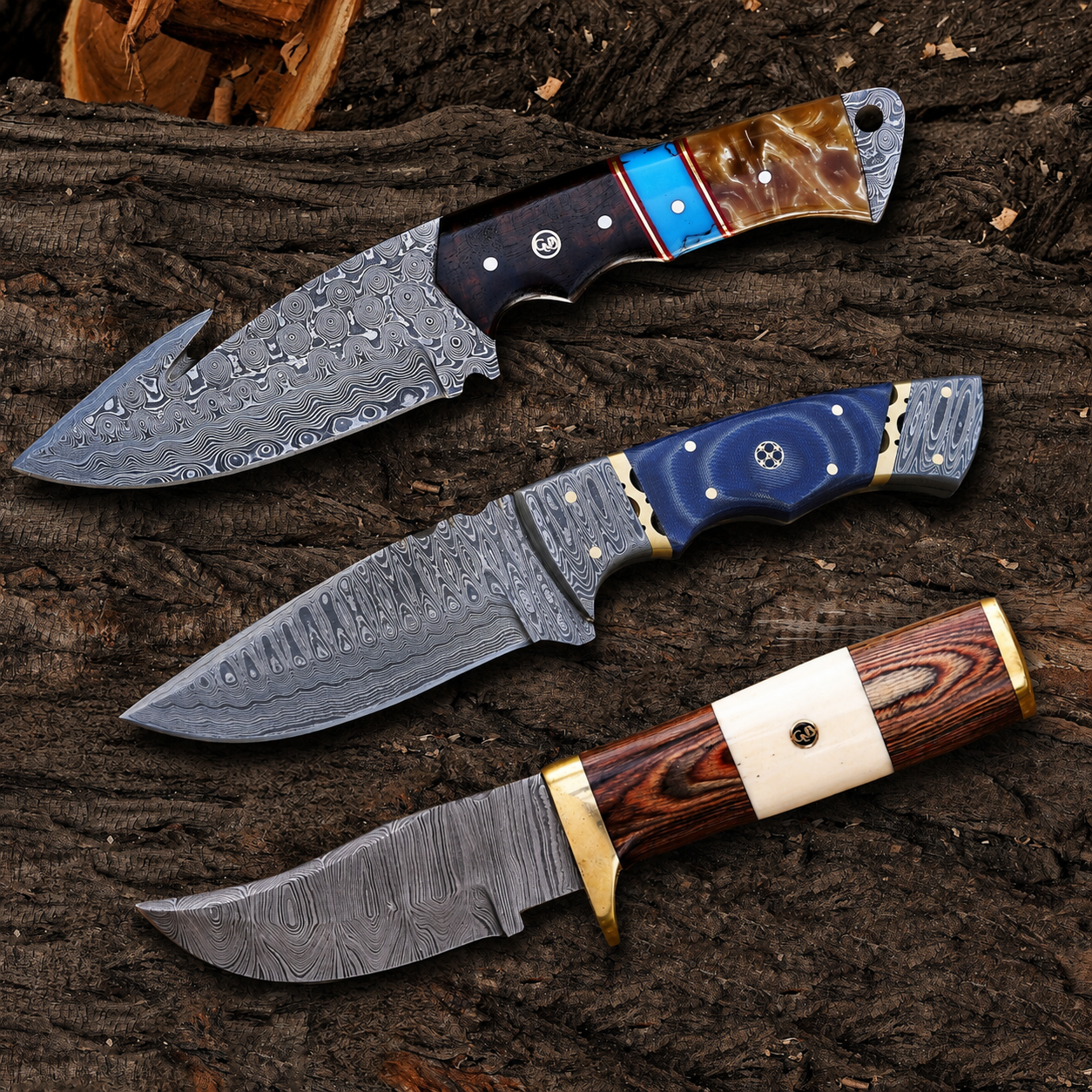 Heritage Hunting Trio – 3-Piece Handmade Hunting Knife Set with Leather Sheaths