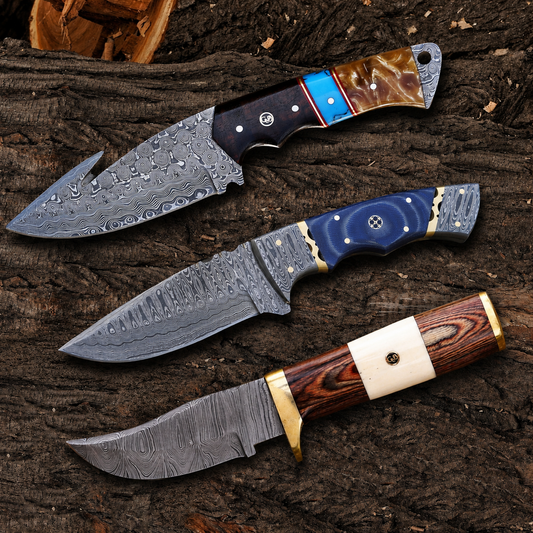 Heritage Hunting Trio – 3-Piece Handmade Hunting Knife Set with Leather Sheaths