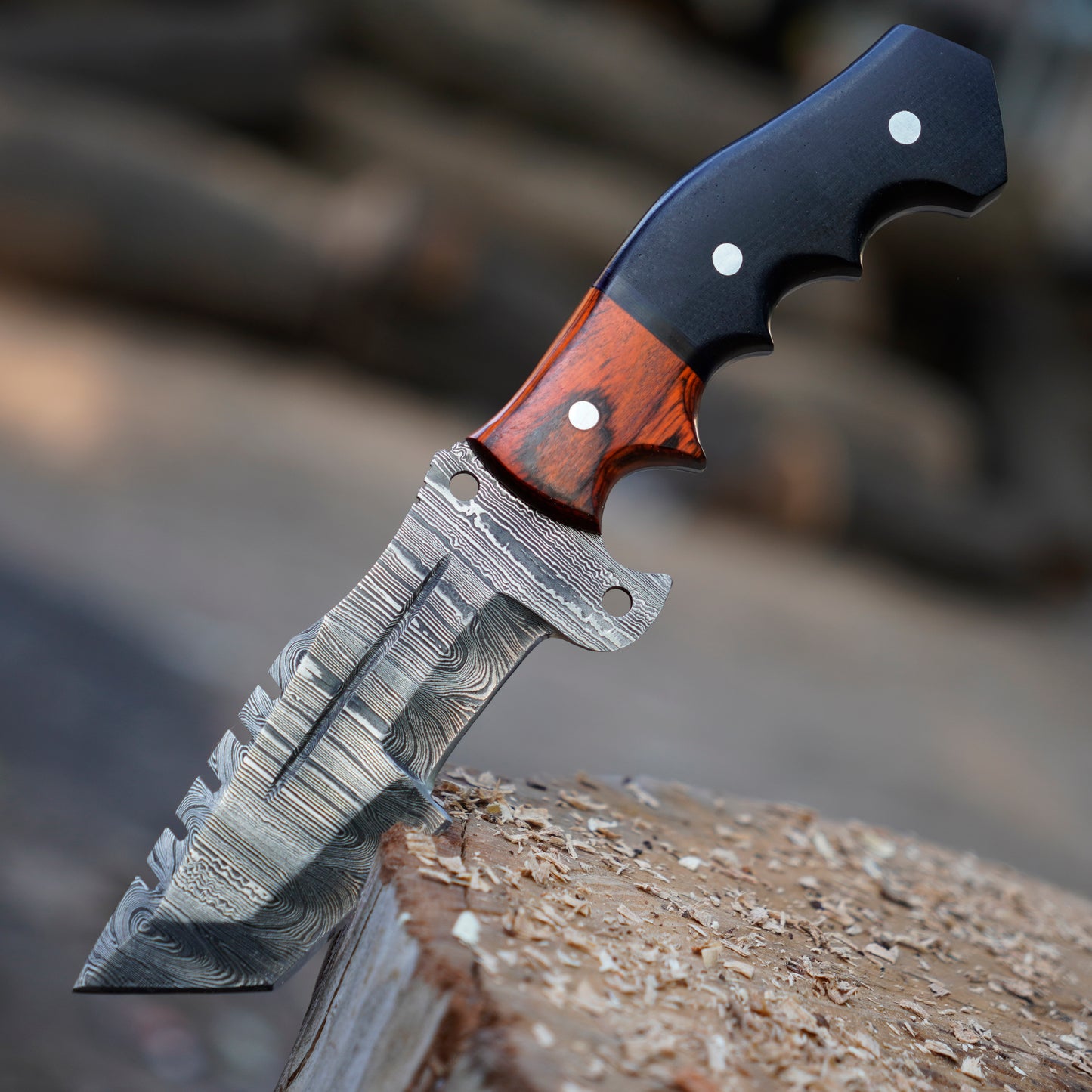 The Damascus Tracker Trio – Bundle of 3 Damascus Tracker Knives with Leather Sheaths