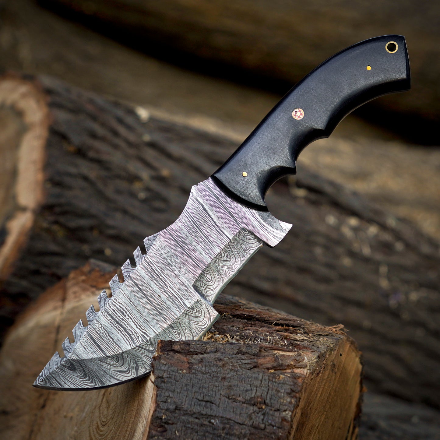 The Damascus Tracker Trio – Bundle of 3 Damascus Tracker Knives with Leather Sheaths