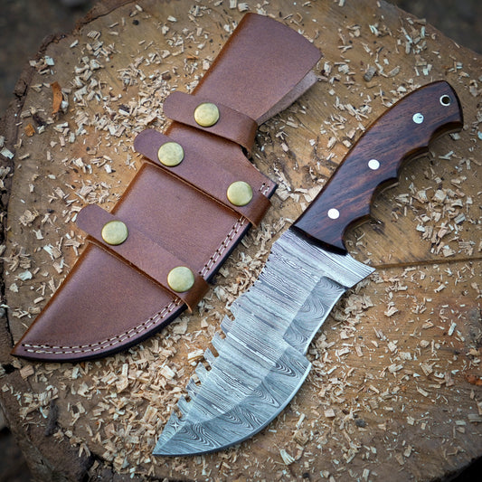 Mystic Mirage Tracker Knife - Hand Forged Damascus Steel Hunting Tracker Wood Handle