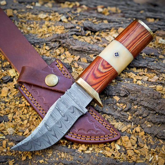 Mike Fink Skinner - CUSTOM HANDMADE FORGED DAMASCUS Steel Hunting Knife Wood & Camel Bone Handle