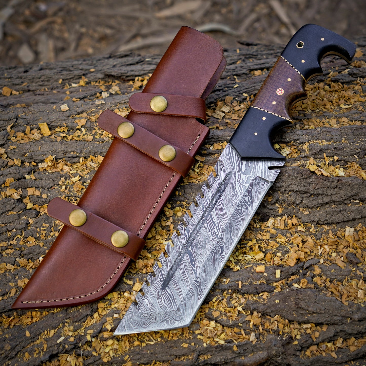 The Damascus Tracker Trio – Bundle of 3 Damascus Tracker Knives with Leather Sheaths