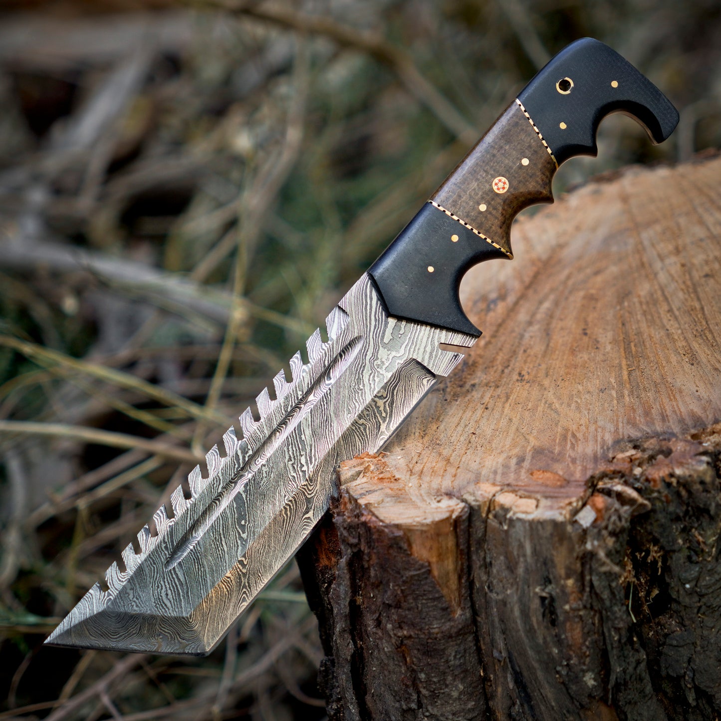 The Damascus Tracker Trio – Bundle of 3 Damascus Tracker Knives with Leather Sheaths