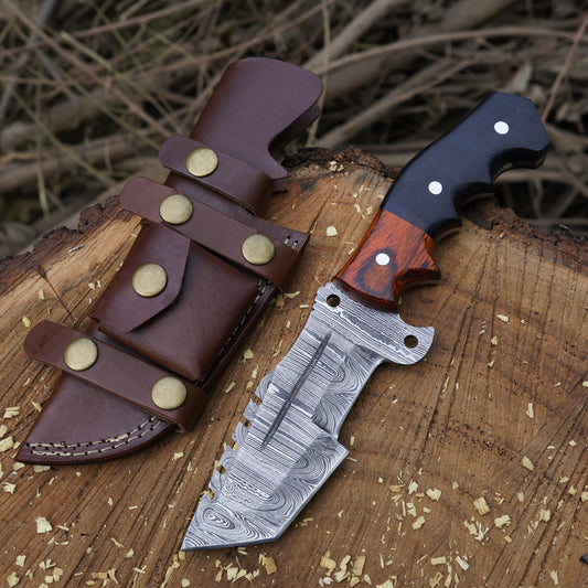 The Damascus Tracker Trio – Bundle of 3 Damascus Tracker Knives with Leather Sheaths