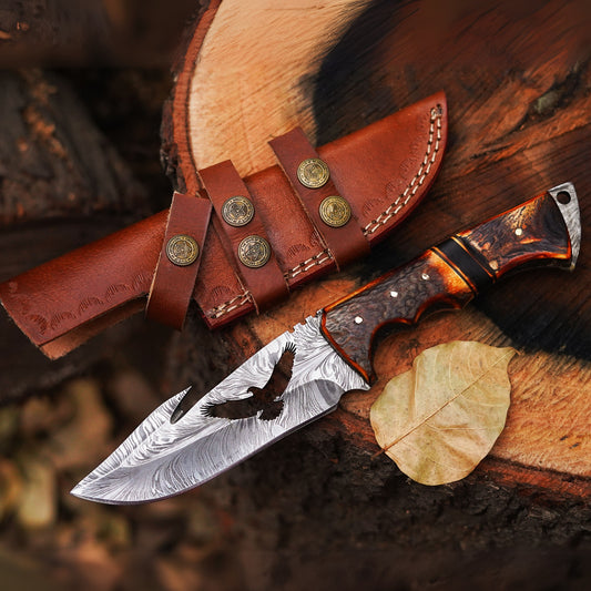 Eagle's Talon: 10.65" Full Tang Hand Forged Fixed Blade Gut Hook Damascus Steel Hunting Knife with Leather Sheath