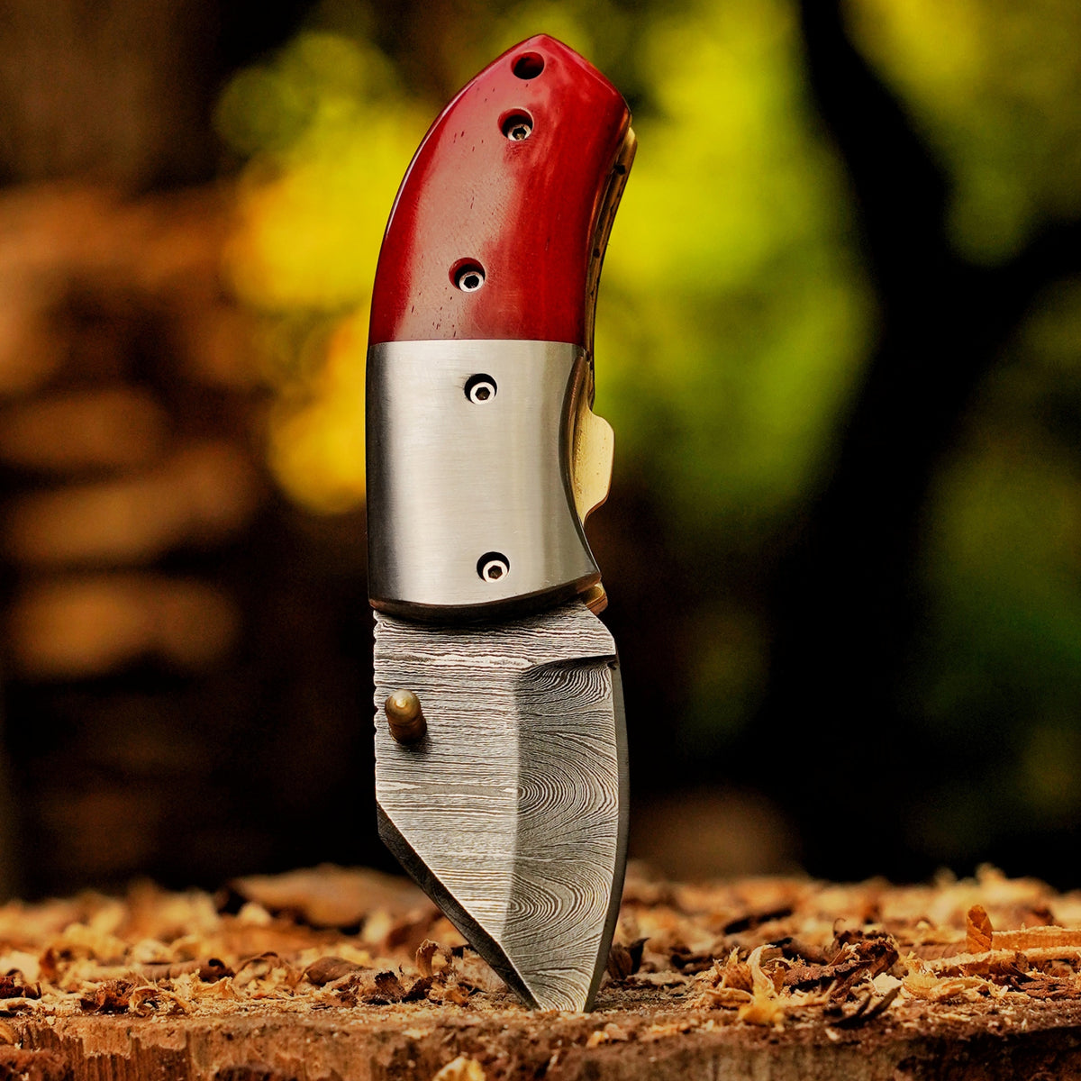 Ember Pocket – Handmade Damascus Steel Folding Knife with Red Bone Handle
