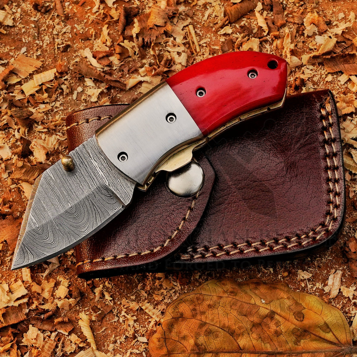 Ember Pocket – Handmade Damascus Steel Folding Knife with Red Bone Handle