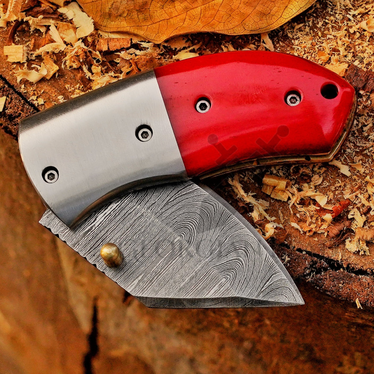 Ember Pocket – Handmade Damascus Steel Folding Knife with Red Bone Handle