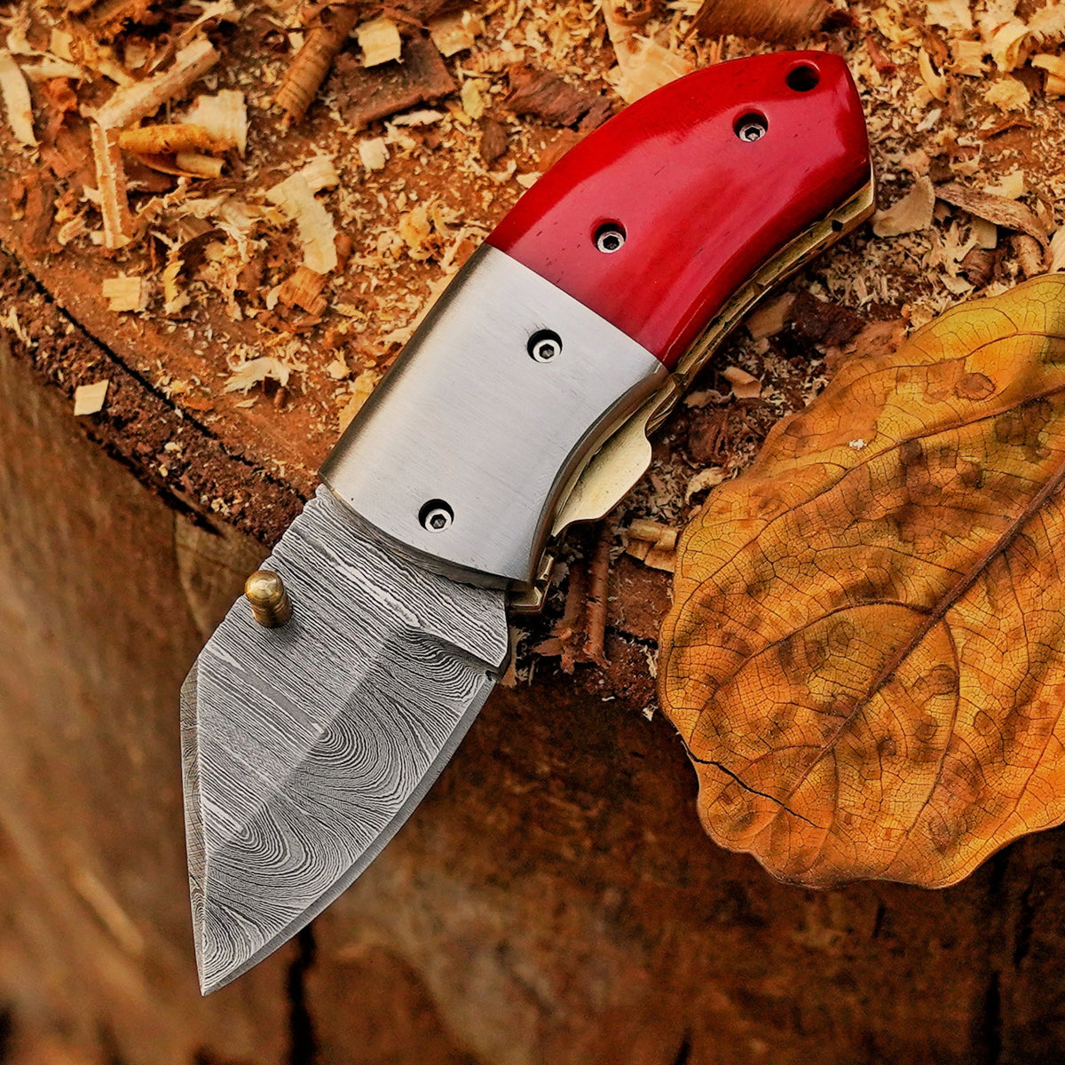 Ember Pocket – Handmade Damascus Steel Folding Knife with Red Bone Handle