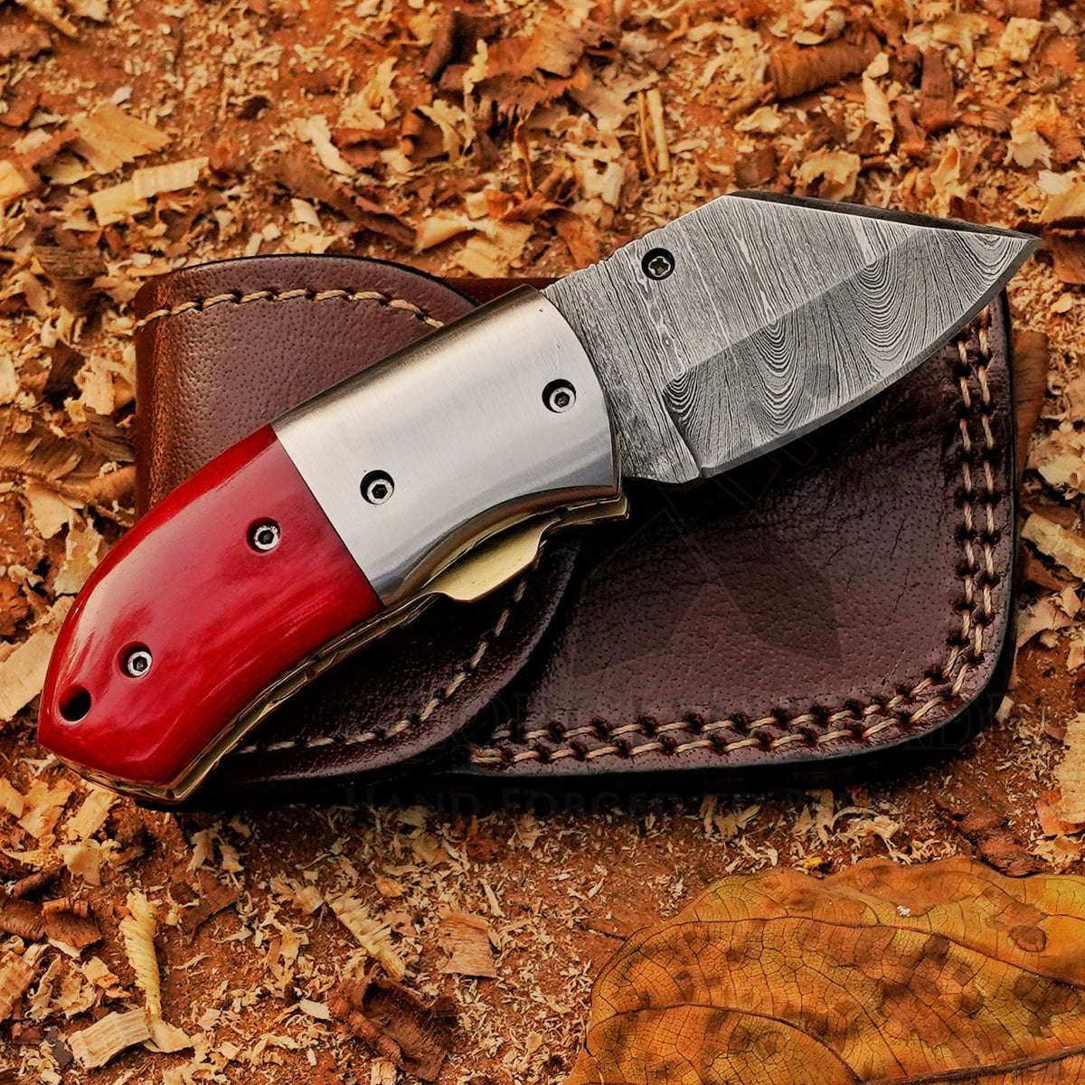 Ember Pocket – Handmade Damascus Steel Folding Knife with Red Bone Handle
