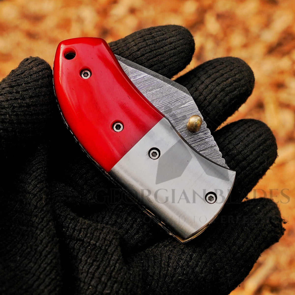 Ember Pocket – Handmade Damascus Steel Folding Knife with Red Bone Handle