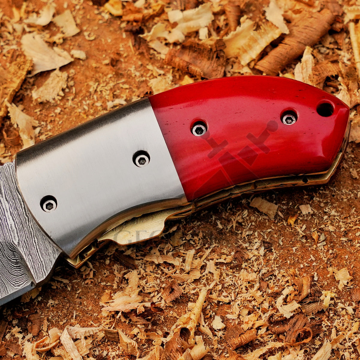 Ember Pocket – Handmade Damascus Steel Folding Knife with Red Bone Handle