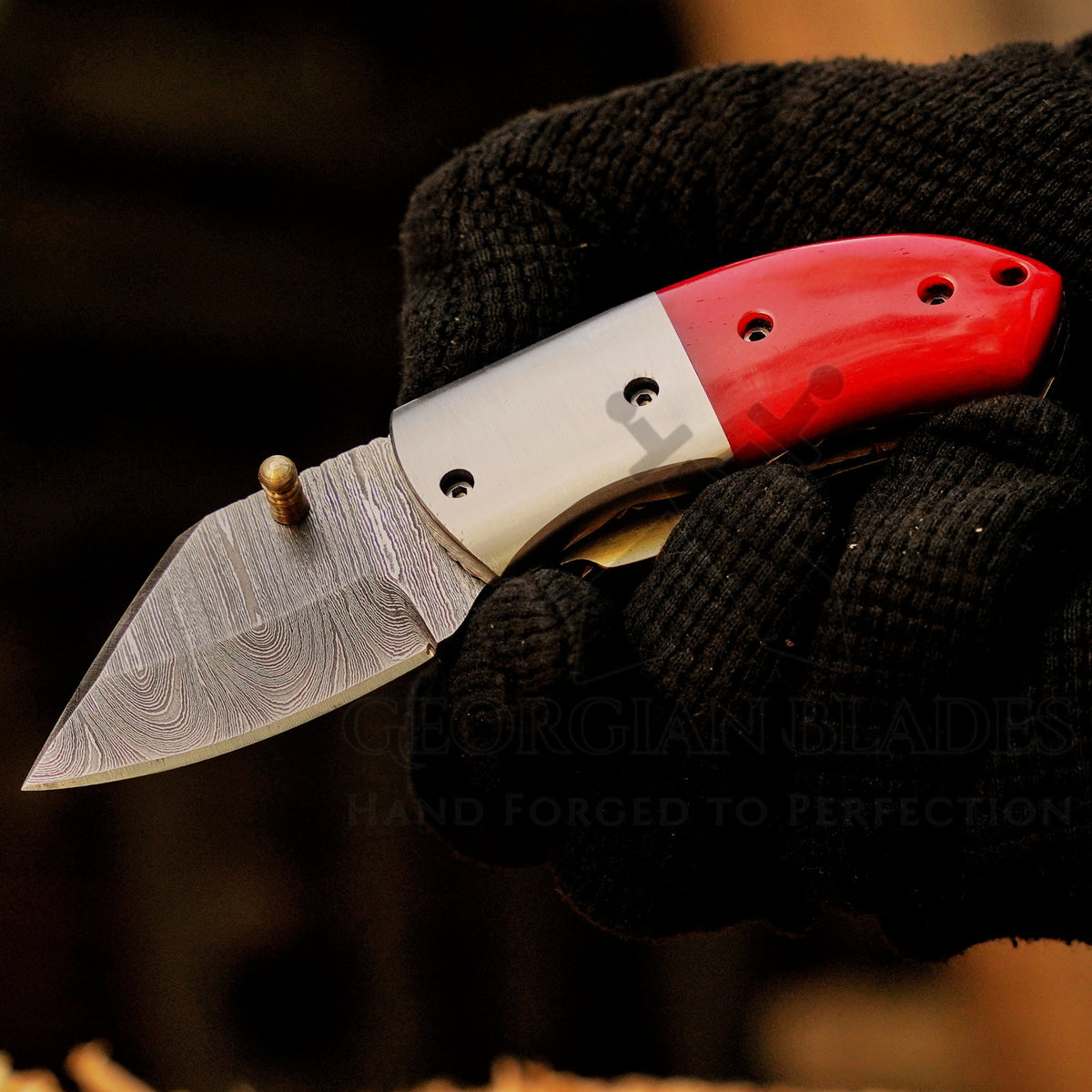 Ember Pocket – Handmade Damascus Steel Folding Knife with Red Bone Handle
