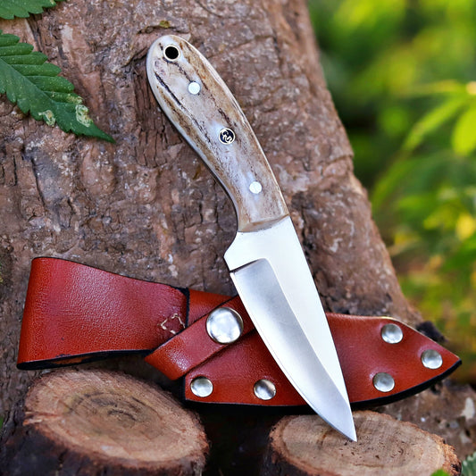 The Ghost Ridge Hunting Knife - Premium Hand Forged Full Tang Skinning Knife - Stag Antler Handle - D2 Steel- 7 inches