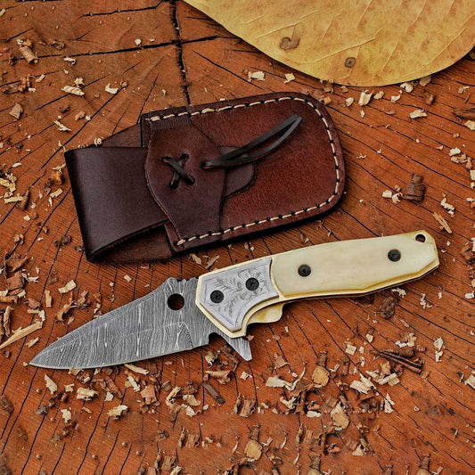 GravityGrip - 7.5" Hand Forged Damascus Steel Folding Knife with Leather Sheath