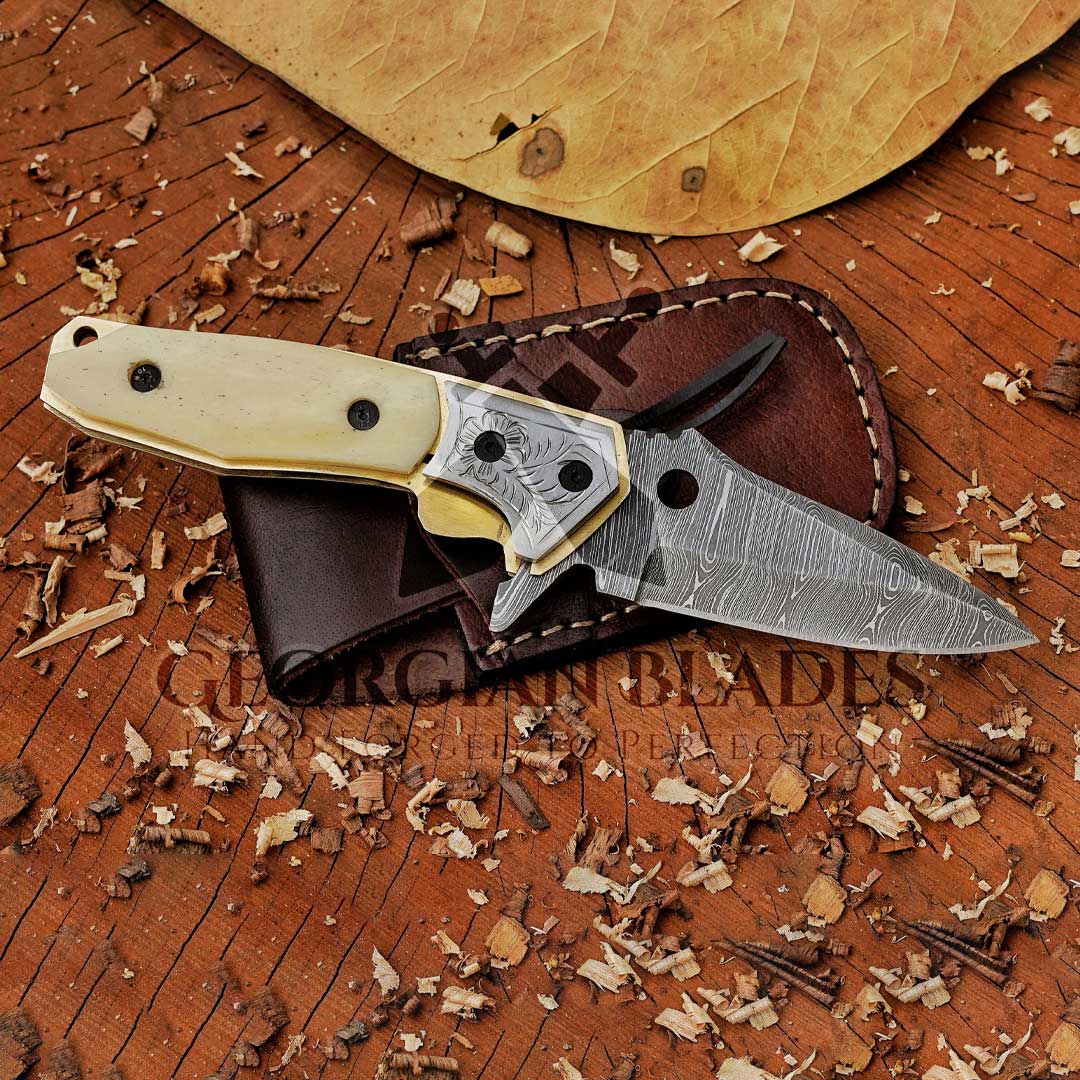 Gravity Grip - Hand Forged Folding Knife with Camel Bone and Leather ...