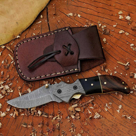 HorizonHaven - 7.5" Hand Forged Pocket Folding Knife with Leather Sheath