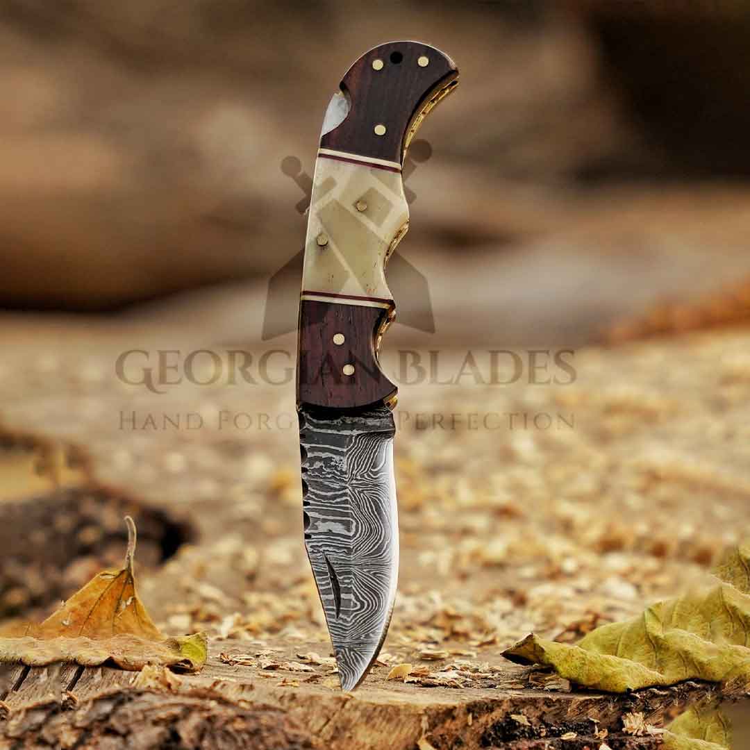 Horned Hunter: Custom Forged Damascus Steel Folding Knife Wood & Bone Handle