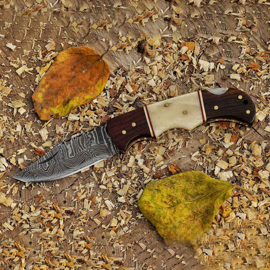 Horned Hunter: Custom Forged Damascus Steel Folding Knife Wood & Bone Handle