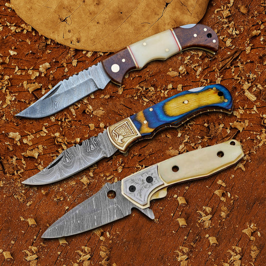 Signature Damascus Trio – Bundle of 3 Handmade Pocket Knives with Leather Sheaths