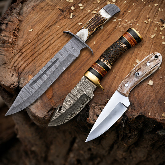 Stag House Trio - 3-Piece Handmade Hunting Knife Set with Leather Sheaths