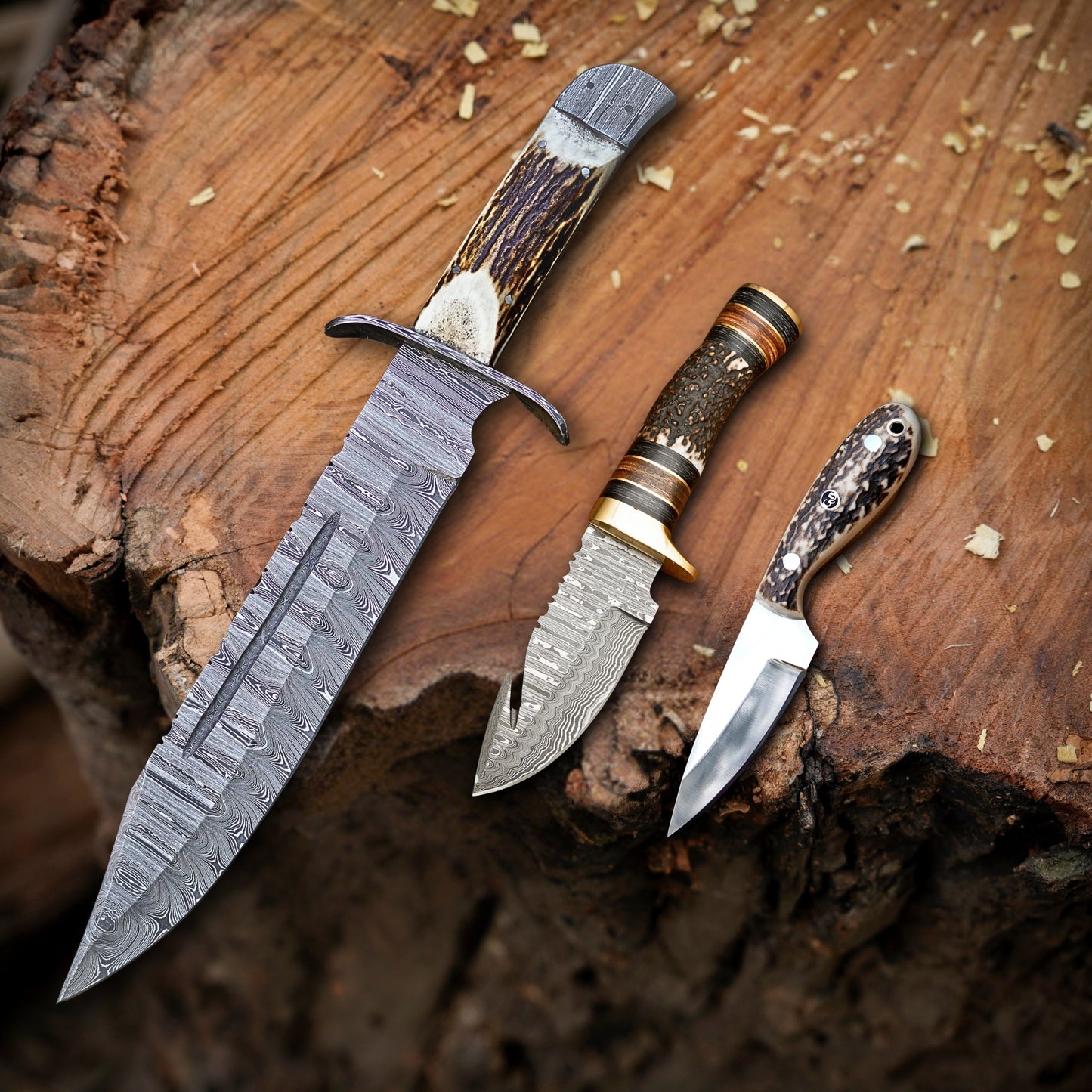 Stag House Trio - 3-Piece Handmade Hunting Knife Set with Leather Sheaths